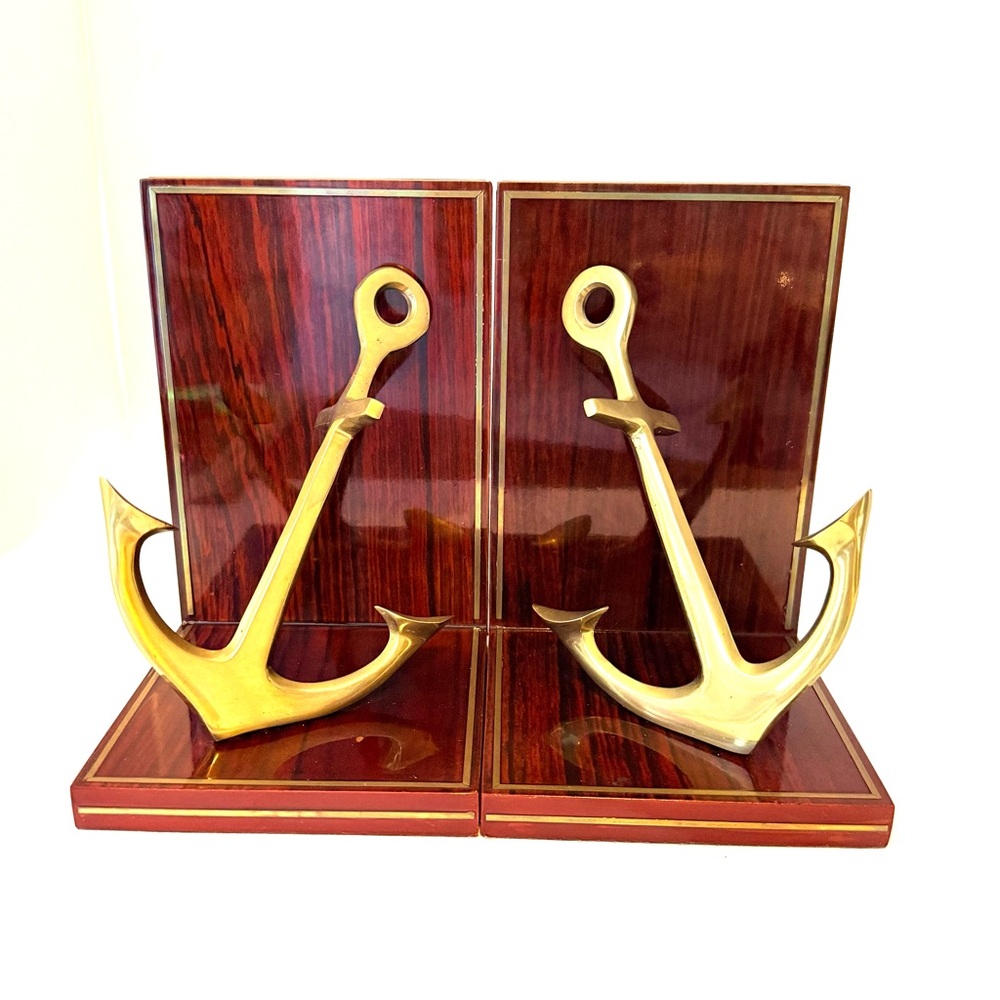 Vintage Brass and High Gloss Wood Ship Anchor Bookends Set Home and Office Decor